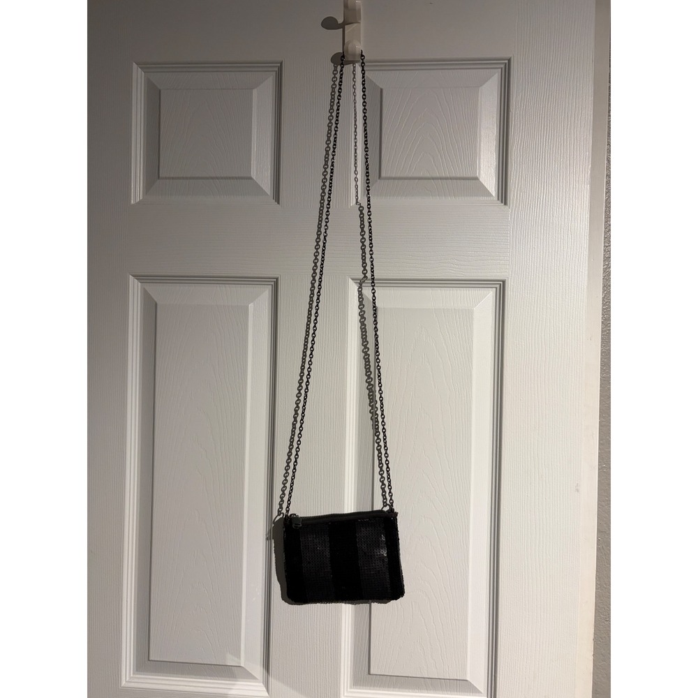 Victorias Secret PINK Black Sequined Striped Crossbody Bag with Chain Strap